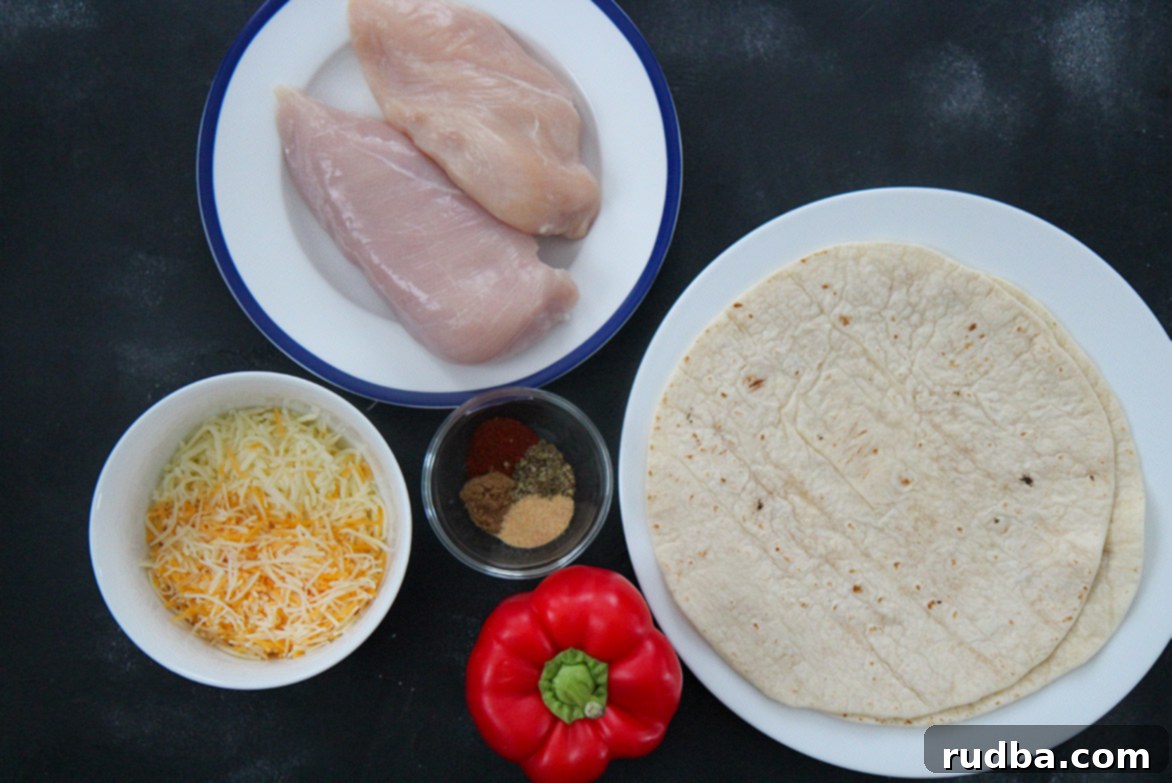 chicken, red pepper, tortillas, cheese, and spices.