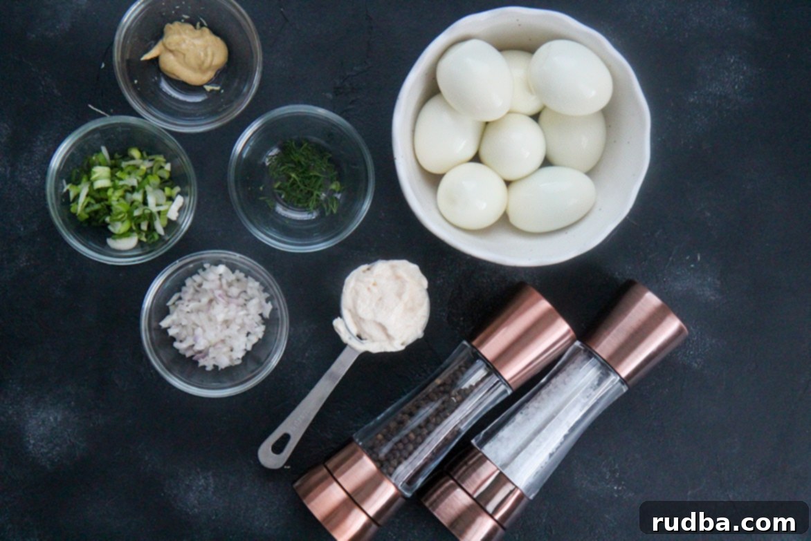 mayo, salt, pepper, hard boiled eggs, dill, and mustard.