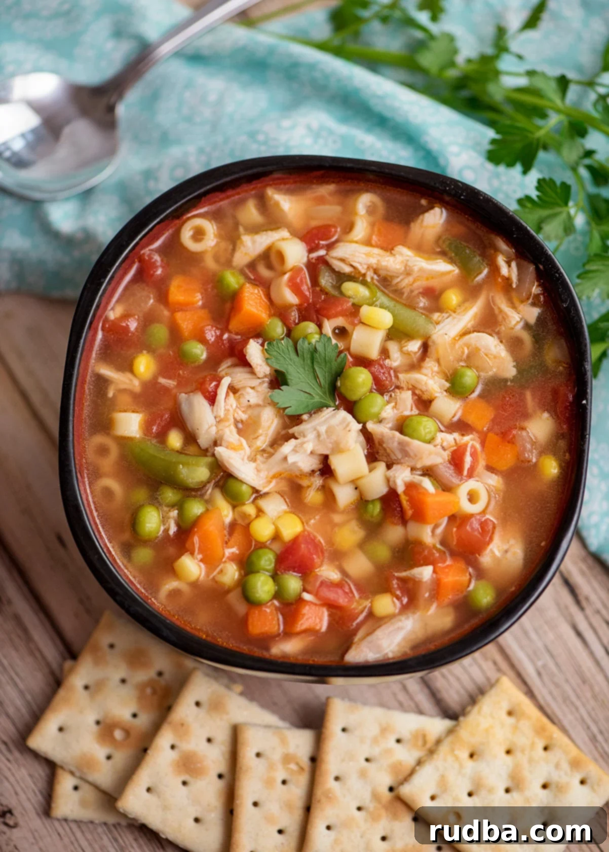 A steaming bowl of Instant Pot chicken vegetable soup with saltine crackers on the side, ready to be enjoyed.