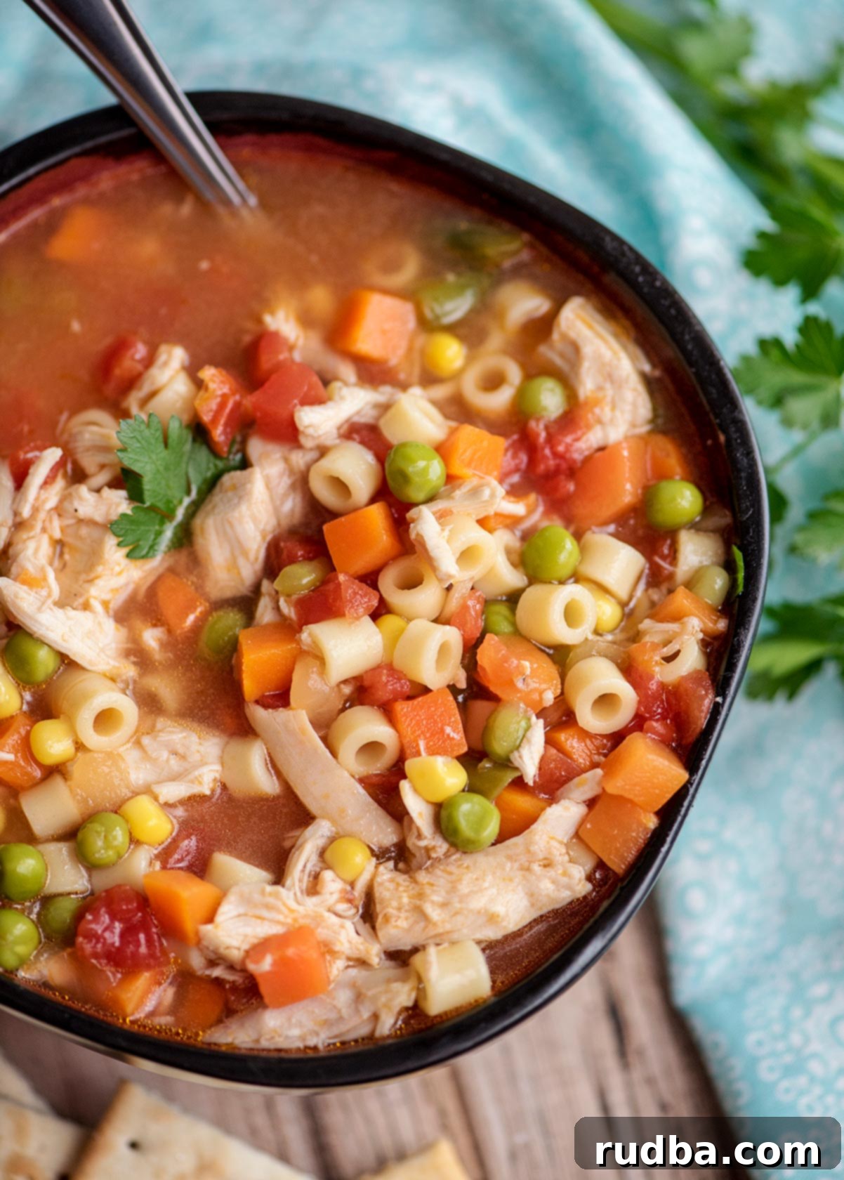 A bowl of Instant Pot chicken vegetable soup, brimming with chicken, colorful vegetables, and ditalini noodles, garnished with fresh herbs.