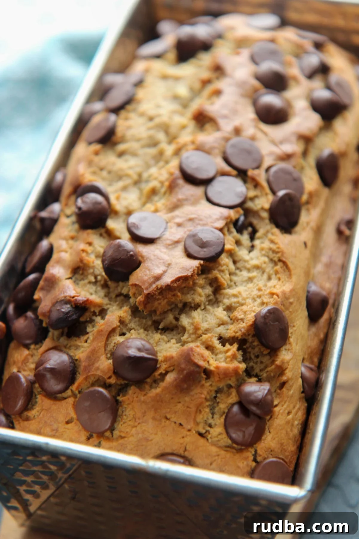 Baked banana bread with chocolate chips on top, still in a loaf pan, golden brown and glistening, cooling on a dark surface.