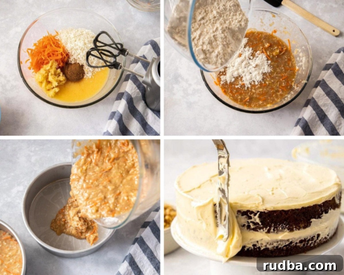 photo collage showing 4 photos. Cake batter in bowls being mixed and a carrot cake being frosted.