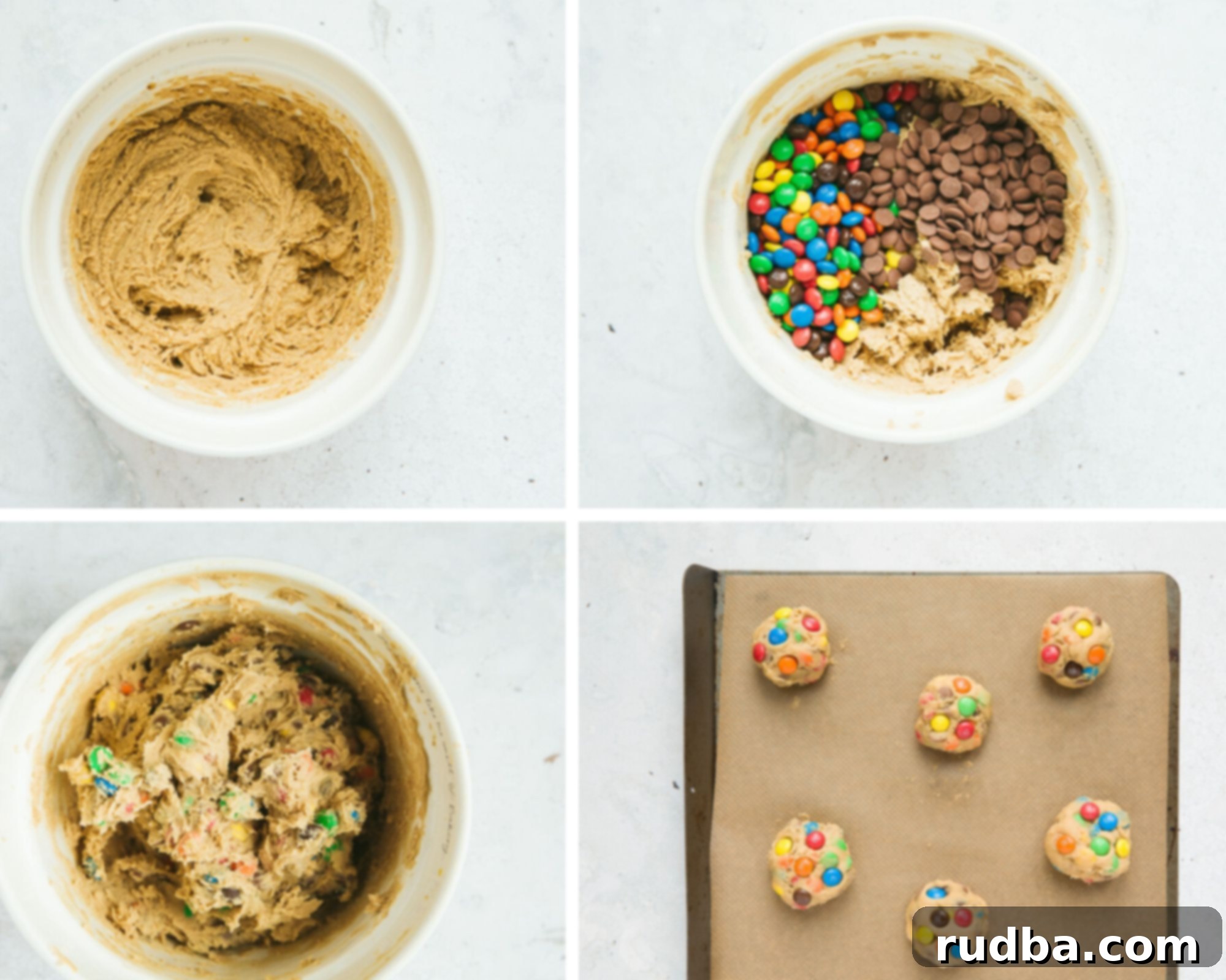 collage with four photos, cookie dough in a white bowl, dough, m&m, and chocolate chips in a bowl, mixed dough in a bowl, and six balls of cookie dough on a baking sheet. 