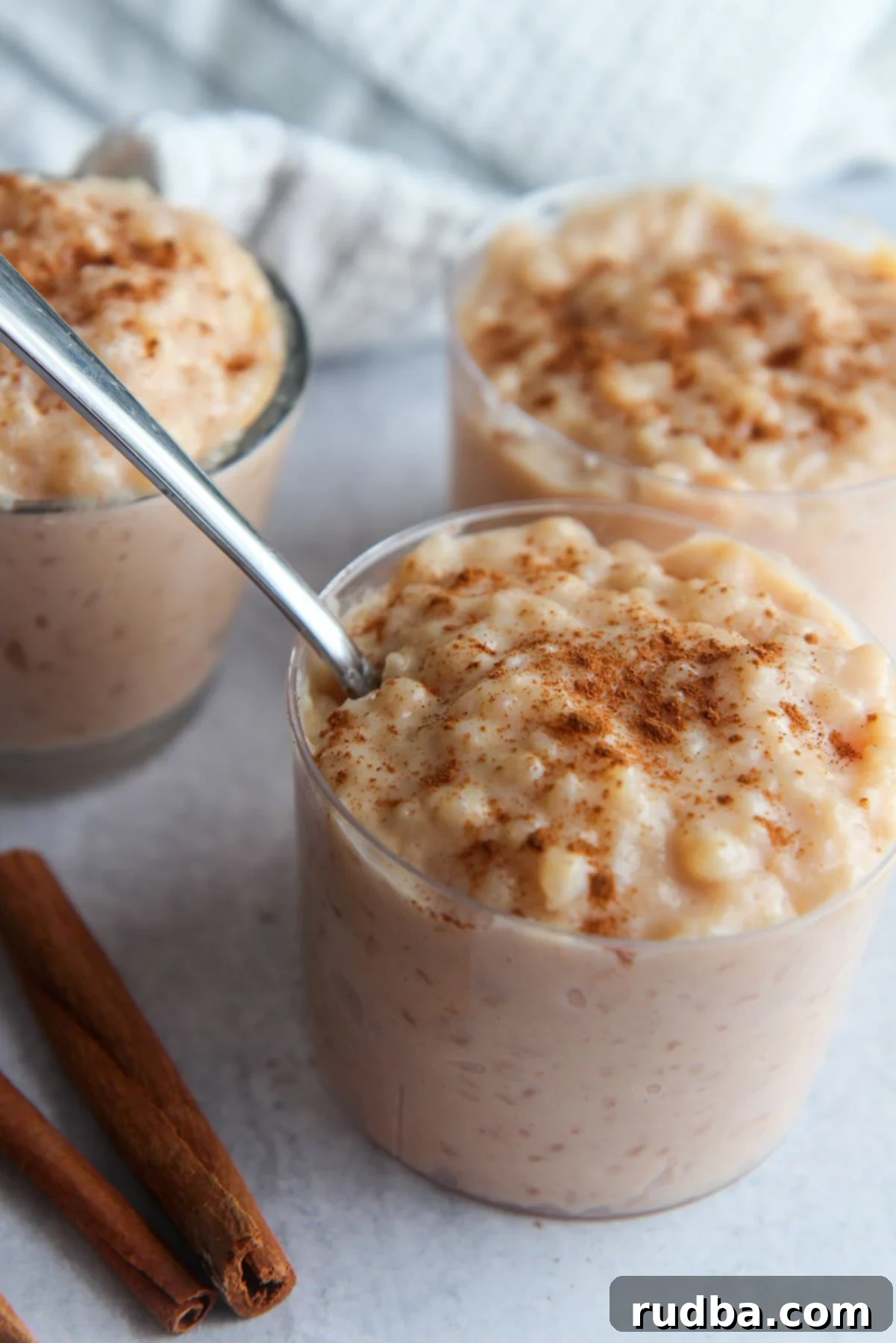 three small bowls with rice pudding and cinnamon sticks on the side.