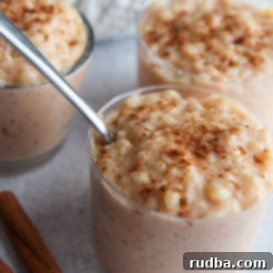 three small bowls with rice pudding and cinnamon sticks on the side.