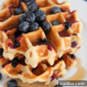 Fluffy Buttermilk Blueberry Waffles 5 two buttermilk blueberry waffles on a white plate with maple syrup and fresh blueberries.