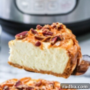 The Ultimate Instant Pot Salted Caramel Cheesecake 7 one slice of cheesecake up close.