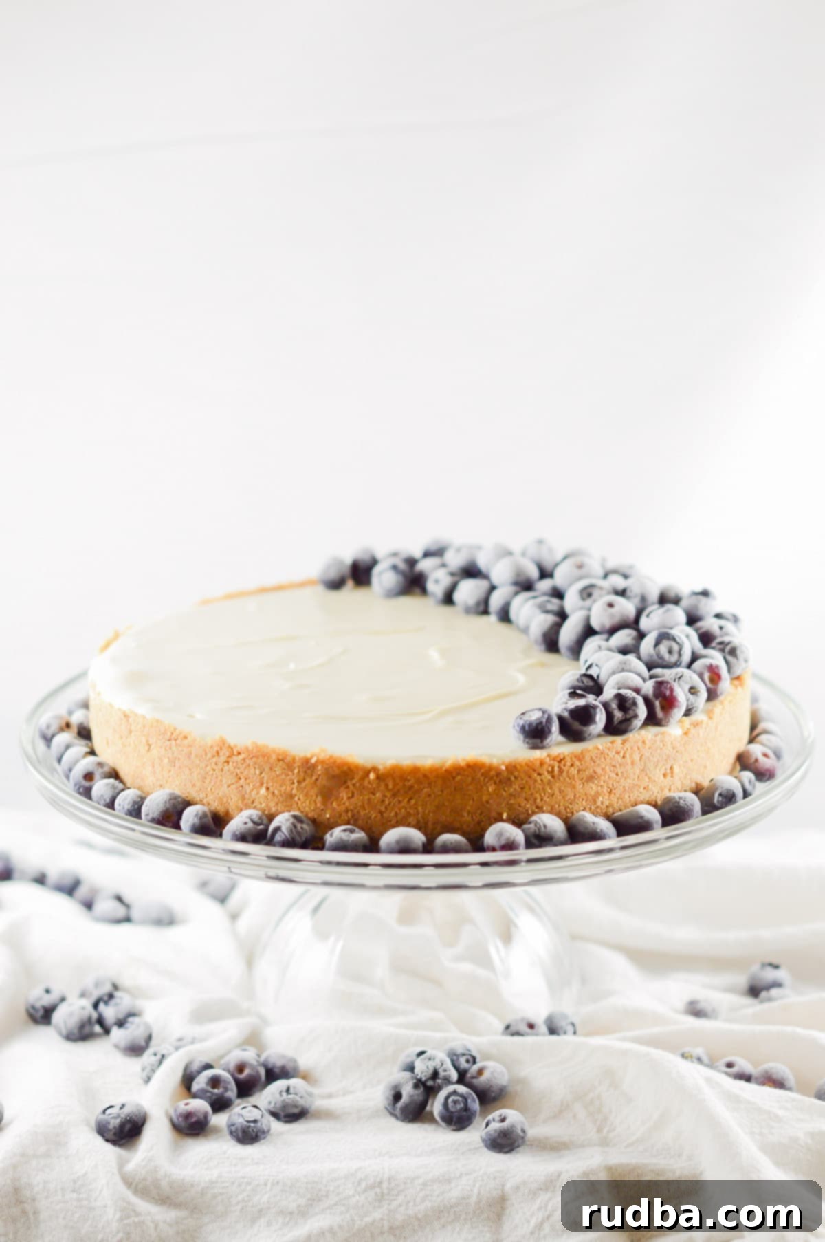 A whole plain no-bake cheesecake on a cake stand decorated with fresh blueberries, ready to serve.