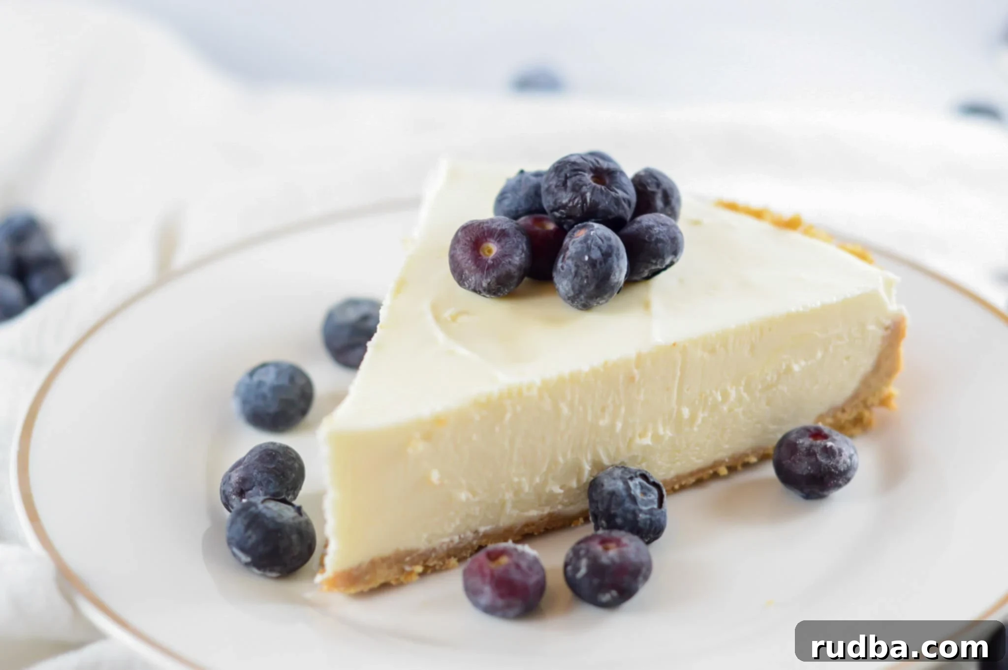 A perfectly sliced piece of no-bake cheesecake on a white plate, adorned with fresh blueberries, ready to be enjoyed.