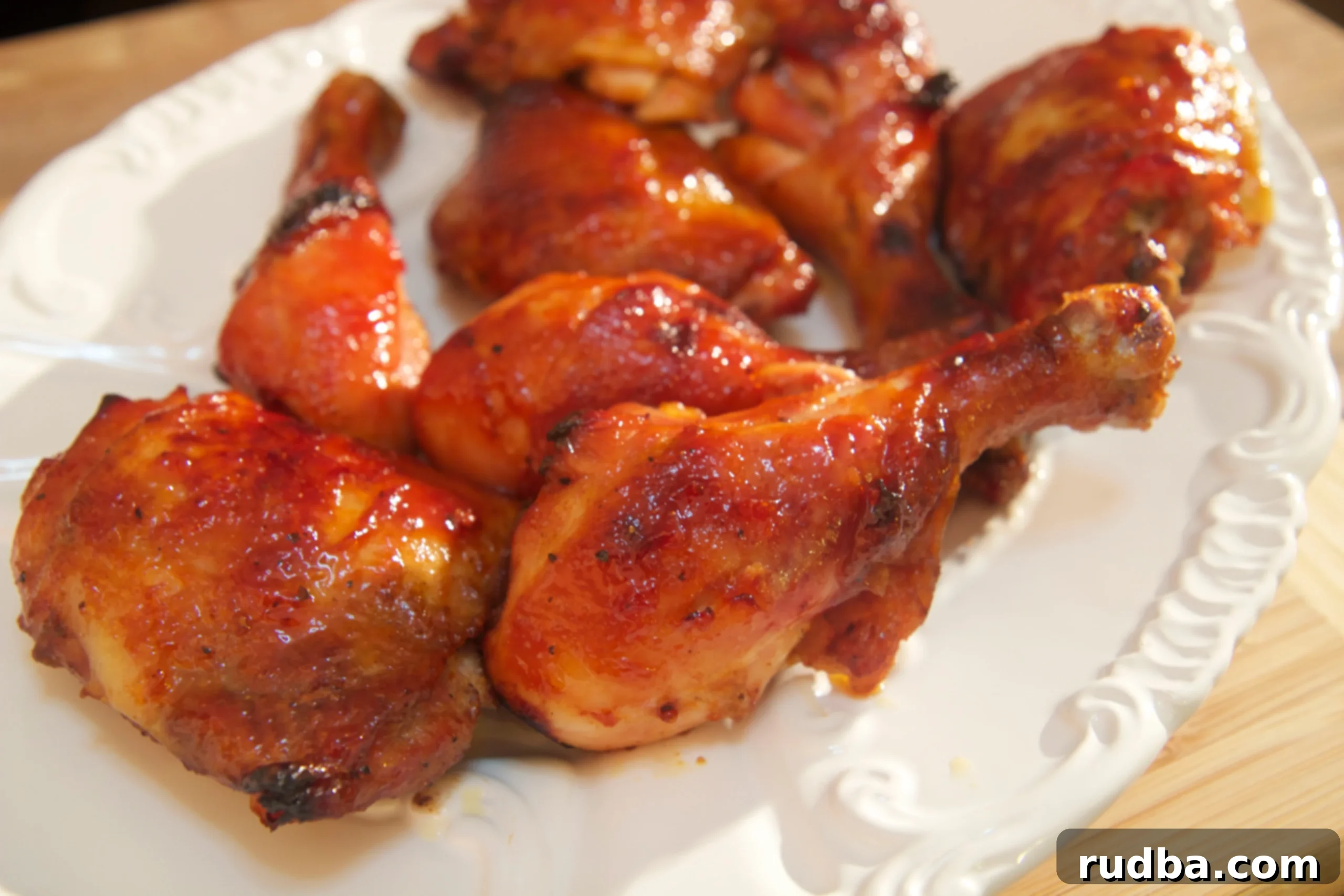 Eight stick chicken legs and thighs on a white platter. 