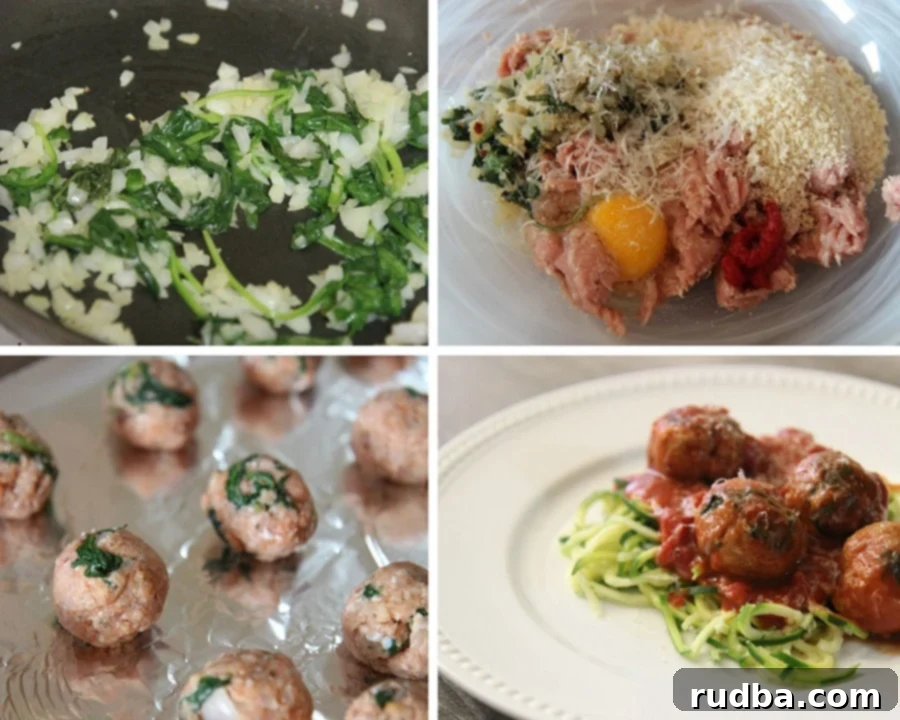 A four-photo collage showing the process of making spinach and turkey meatballs: sautéing spinach and onions, mixing ingredients in a bowl, raw meatballs on a baking sheet, and finished meatballs served over zucchini noodles with marinara sauce.