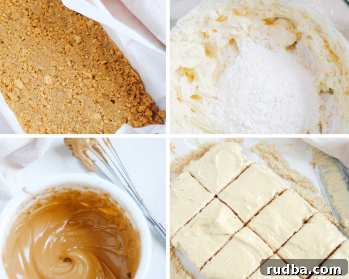 A visually appealing collage featuring four process photos: A square baking dish with parchment paper and crushed graham cracker crust. A bowl filled with softened cream cheese and powdered sugar. A small bowl showcasing the frothy Dalgona coffee mixture. Finally, a delightful image of perfectly squared cheesecake slices ready to be enjoyed.