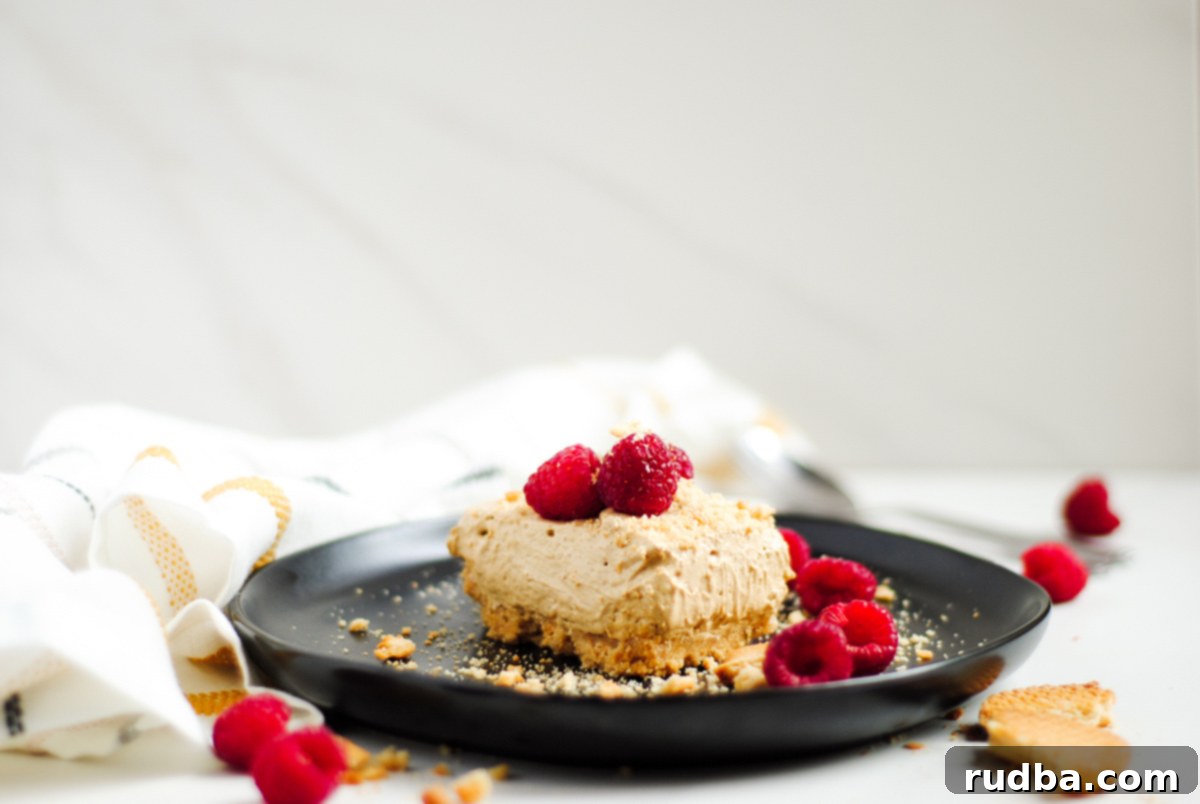 An inviting, horizontal close-up shot of a single slice of Dalgona cheesecake nestled on a black plate, artfully adorned with crushed cookies and vibrant fresh raspberries.