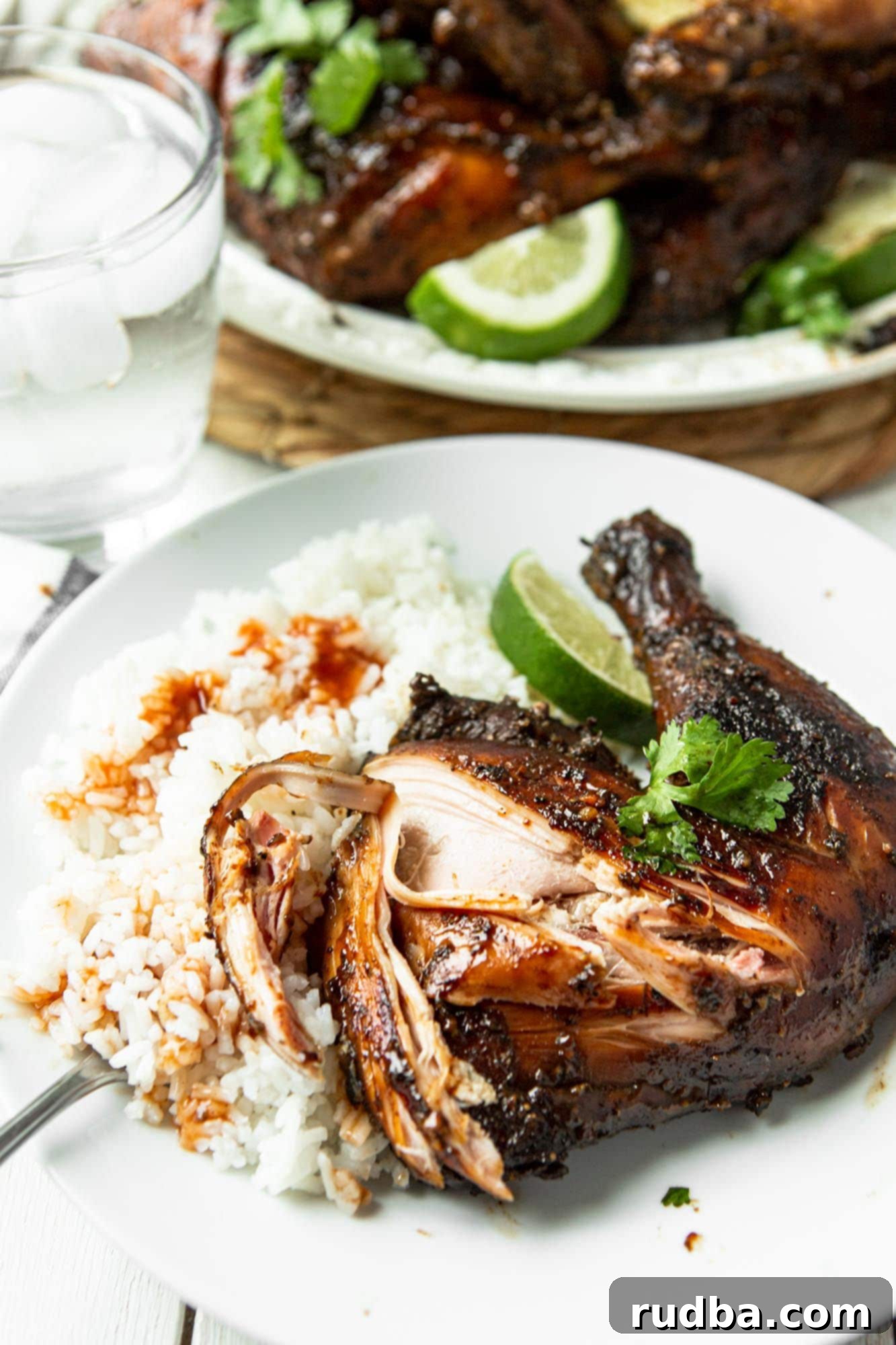 a chicken leg quarter with lime, cilantro, white rice and sauce on top of the rice. 