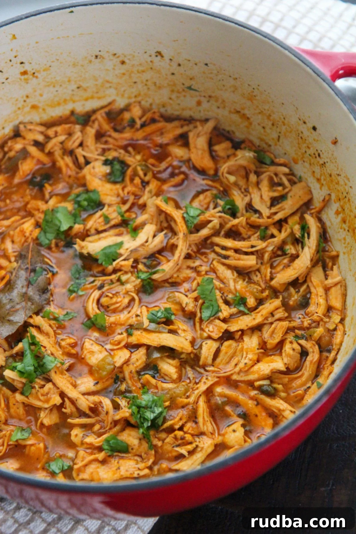 latin shredded chicken stew with cilantro on top in a red dutch oven. 