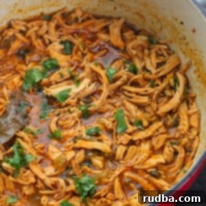 latin shredded chicken stew with cilantro on top in a red dutch oven.