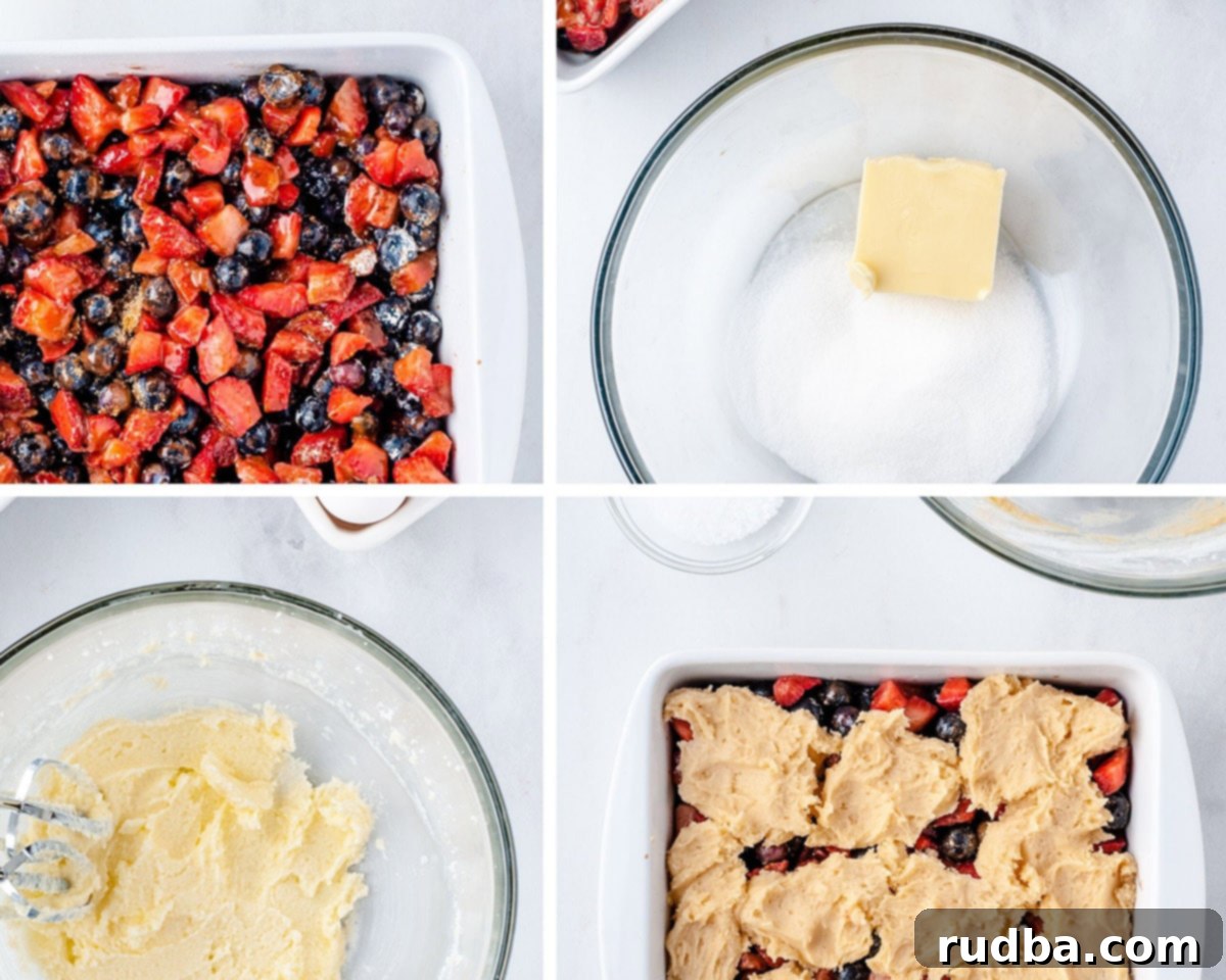 A collage of four progression photos for making berry cobbler: the initial step shows fresh berries mixed with sugar and cornstarch in a baking dish, followed by softened butter and granulated sugar in a mixing bowl, then the creamy, light mixture of butter, sugar, egg, and vanilla, and finally, the baking dish with the berry mixture topped with dollops of batter, ready for the oven.