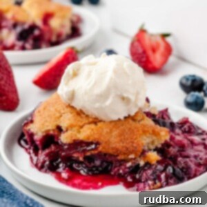 Golden Crust Berry Delight 6 berry cobbler on a white plate with vanilla ice cream on top. berries and a baking dish in the background.