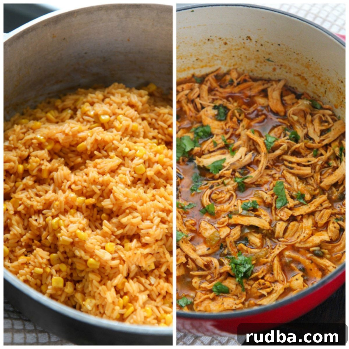 A collage featuring two preparatory photos: one shows a pot of vibrant yellow rice, and the other a pot of rich shredded chicken stew, ready for assembly.