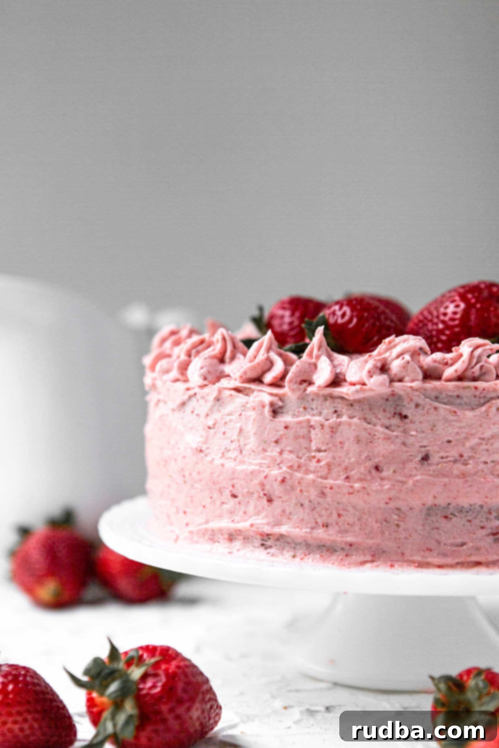two layer fresh strawberry cake on a white cake stand with a white pitcher in the background and strawberries on the side.