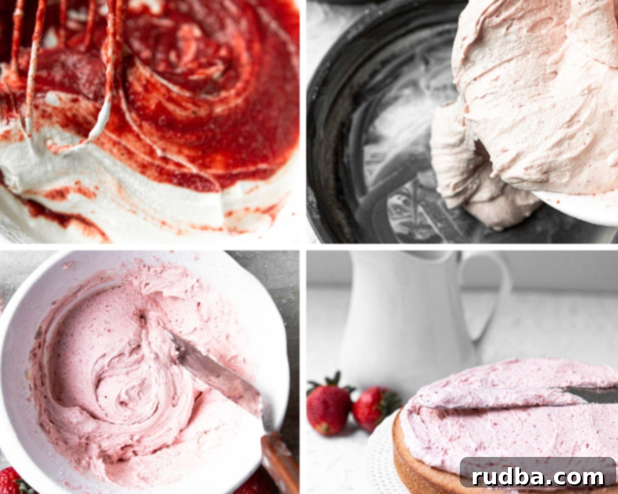 a collage with four photos, a photo showing cake batter, another photo showing cake batter being poured into a cake pan, cream cheese frosting in a bowl, a layer of cake being frosted.