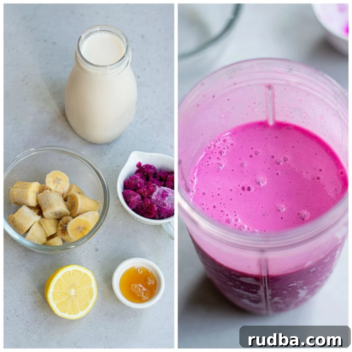 a collage with two photos, a photo showing bananas, milk, honey, lemon, and dragon fruit. The other photo showing all the ingredients blended in a blender. 