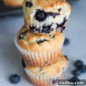 Bursting Blueberry Muffins 4 Three homemade blueberry muffins stacked with fresh blueberries on the side