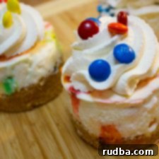 Easy No Bake M&M Cheesecake 4 A vibrant close-up of a mini M&M cheesecake with a creamy topping.