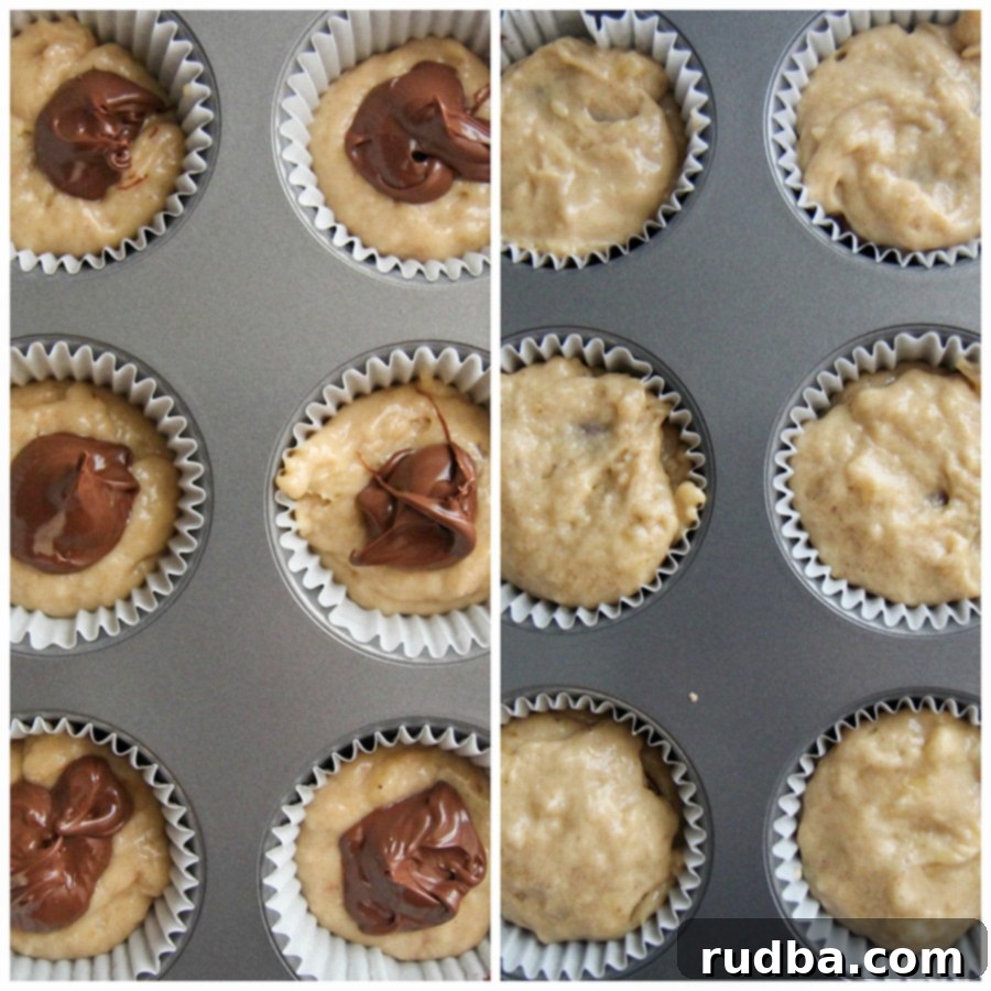 a photo collage with two photos showing muffin batter in a muffin tin being filled, first halfway, then with Nutella, then fully.