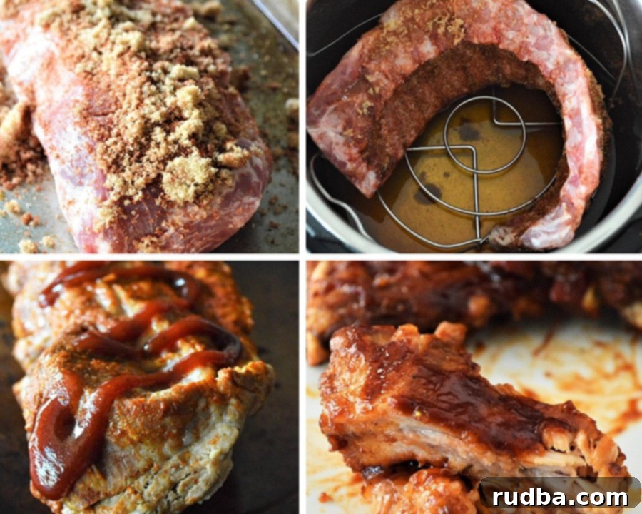 A photo collage showing four stages of the Instant Pot ribs recipe: raw ribs seasoned, ribs coiled in the Instant Pot, ribs after pressure cooking, and finally, sauced and broiled ribs.