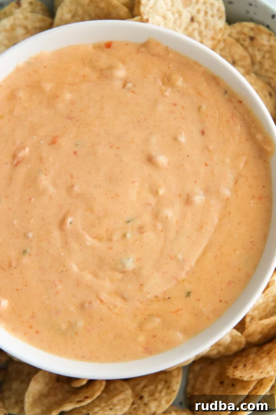 a large white bowl filled with queso up close with chips on the side. 