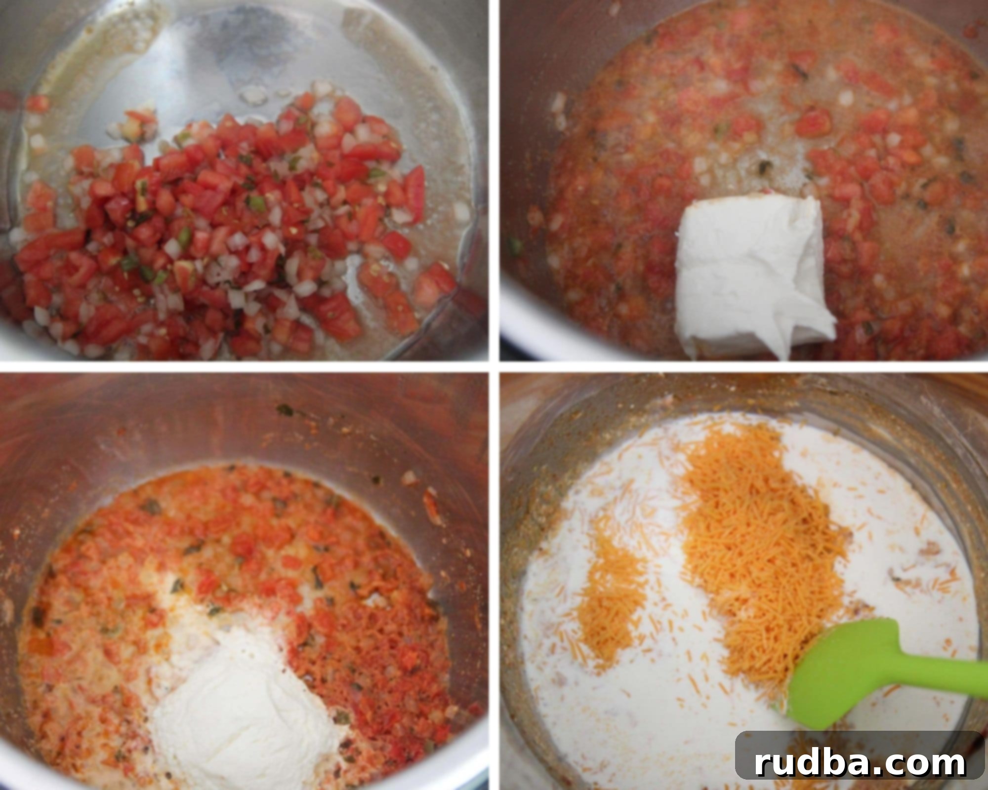 collage with four photos showing tomatoes, onions, cheese, and cream in the instant pot. 