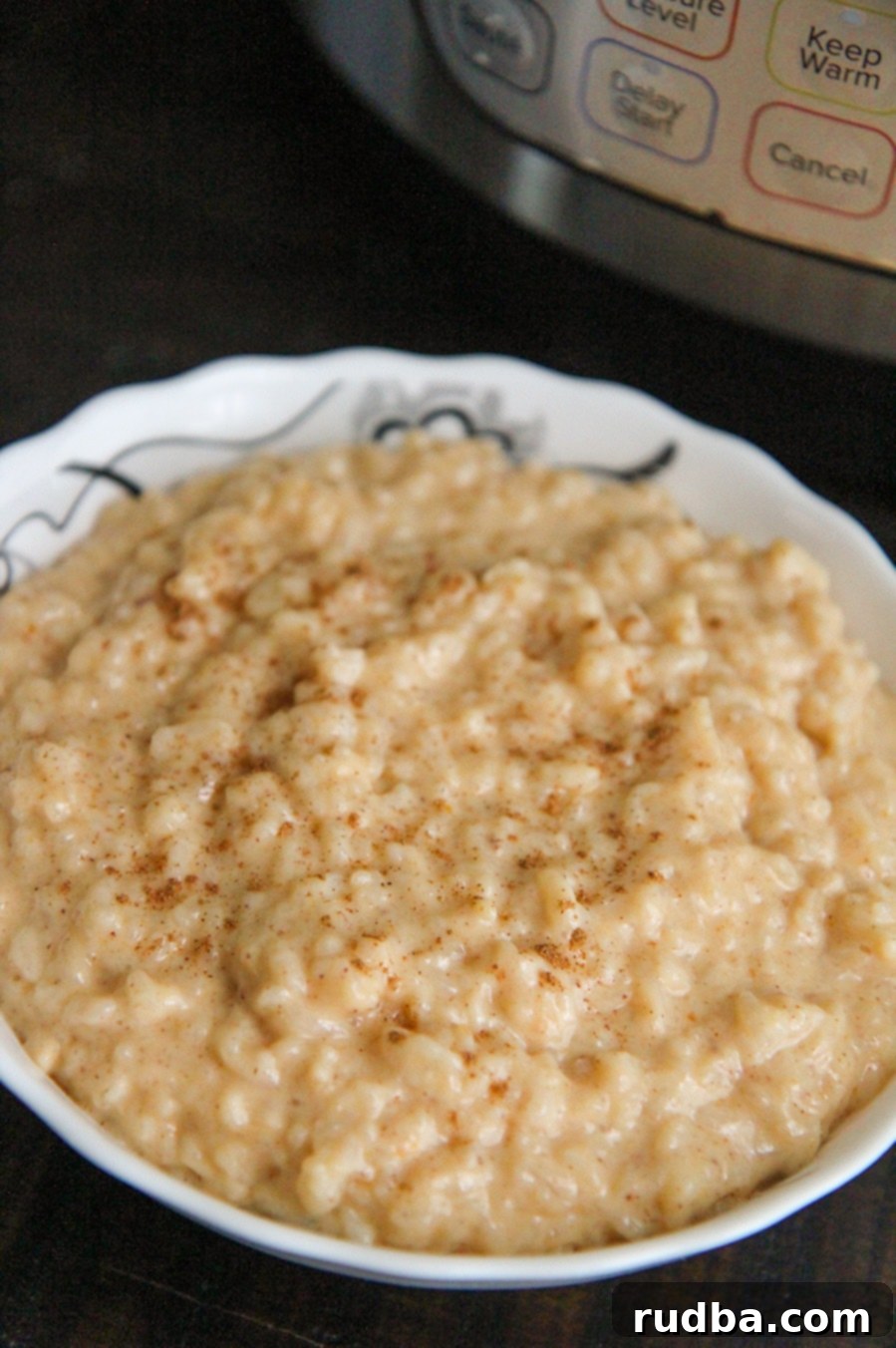 A white bowl brimming with pumpkin rice pudding, with an Instant Pot softly blurred in the background.