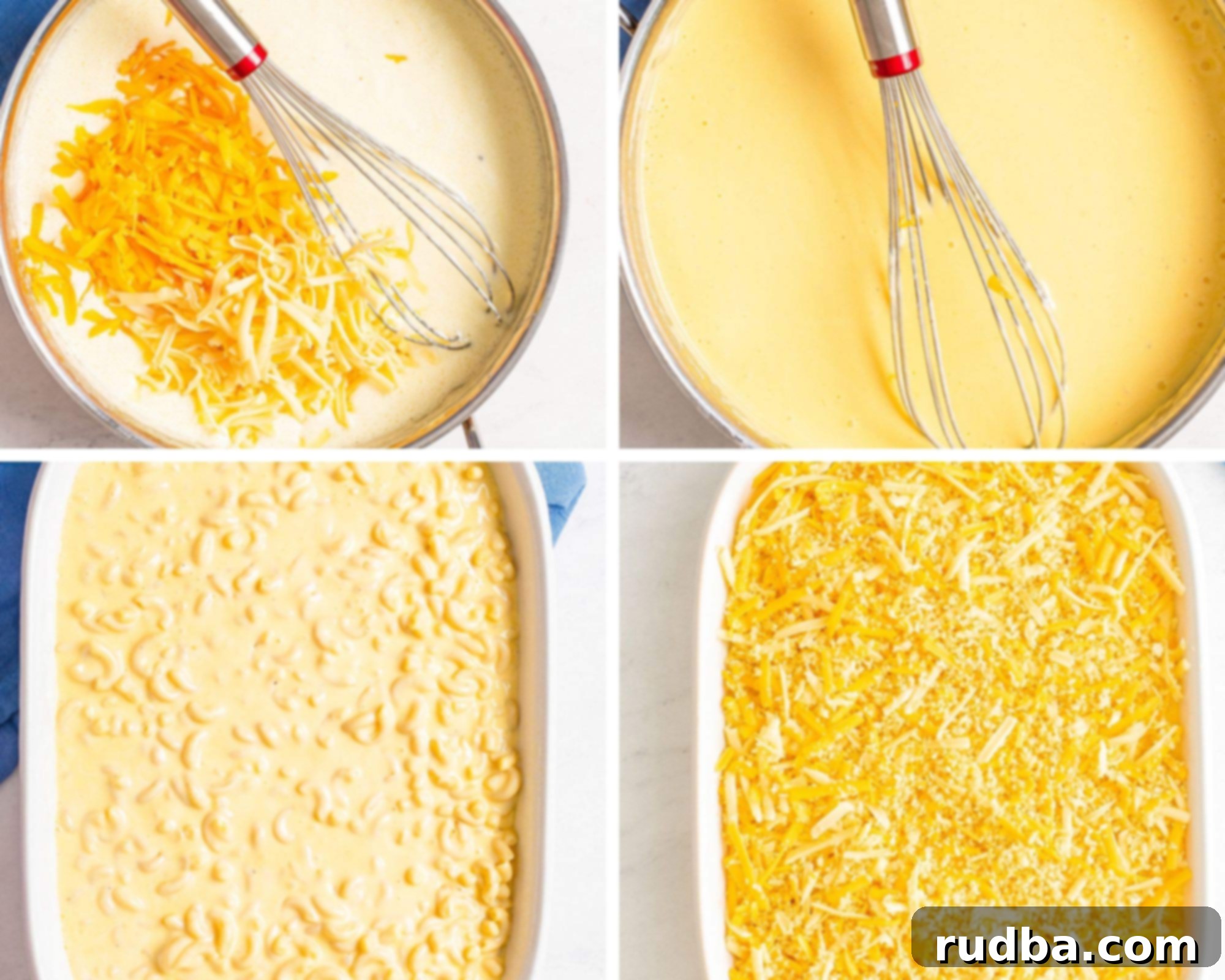 A photo collage showing four stages of the mac and cheese cooking process, from mixing ingredients to layering in a baking dish.
