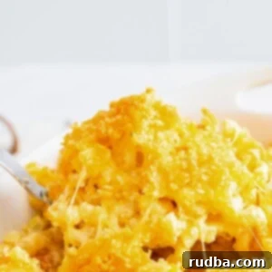 Golden Crusted Mac and Cheese 5 A close-up shot of a spoonful of baked mac and cheese, showcasing its rich texture and topping.