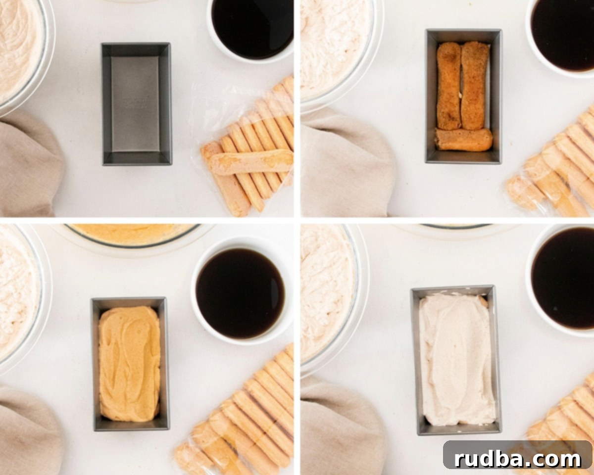 a collage with four photos. One photo showing an empty loaf pan with ingredients. The rest of the photos are showing the tiramisu process.