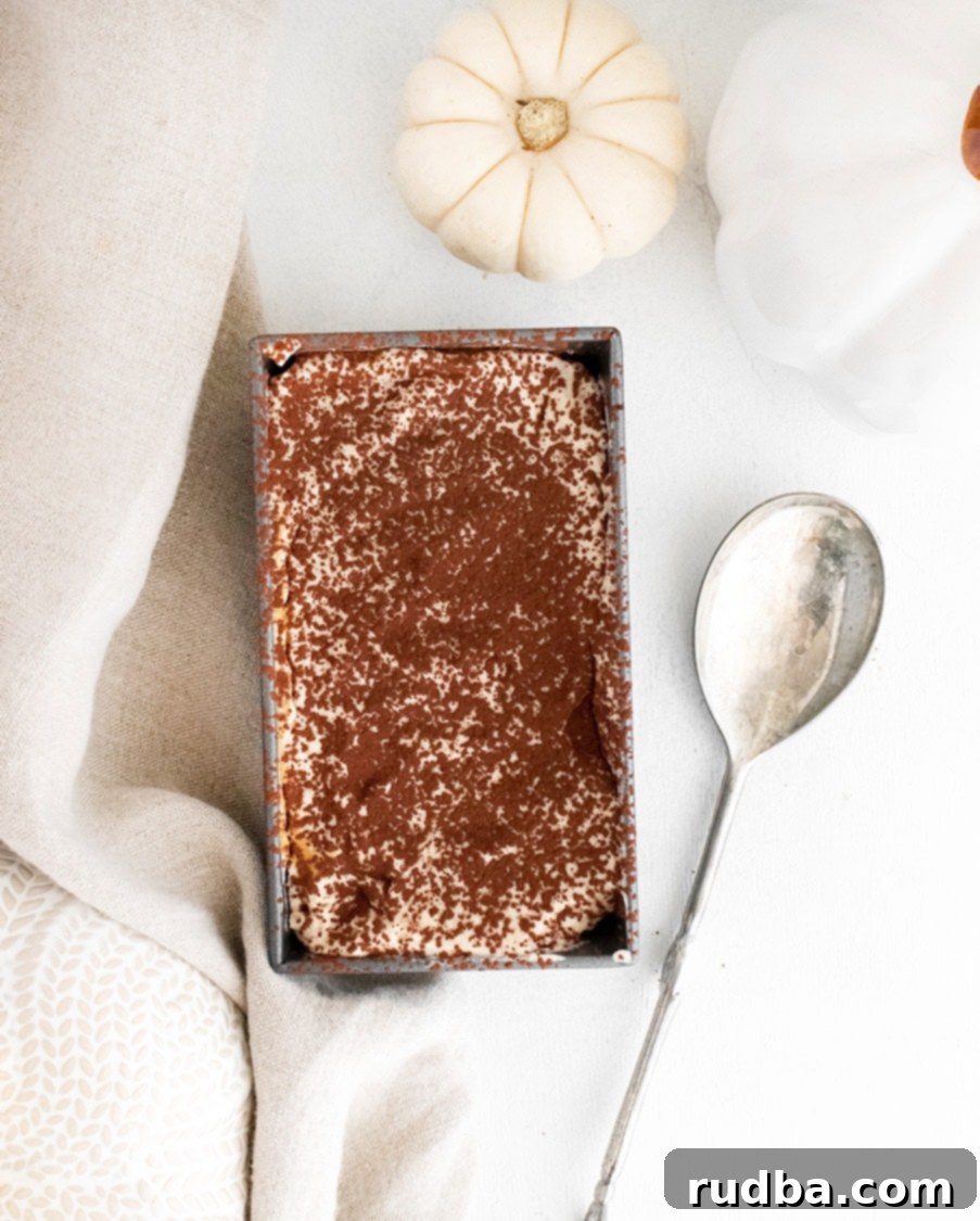 tiramisu in a loaf pan with a dark topping, a silver spoon, a light towel, and a white pumpkin on the side.