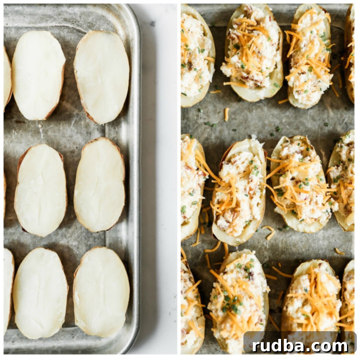 a collage with two photos. one photo showing plain baked potatoes and another photo showing baked potatoes with cheese on top. 
