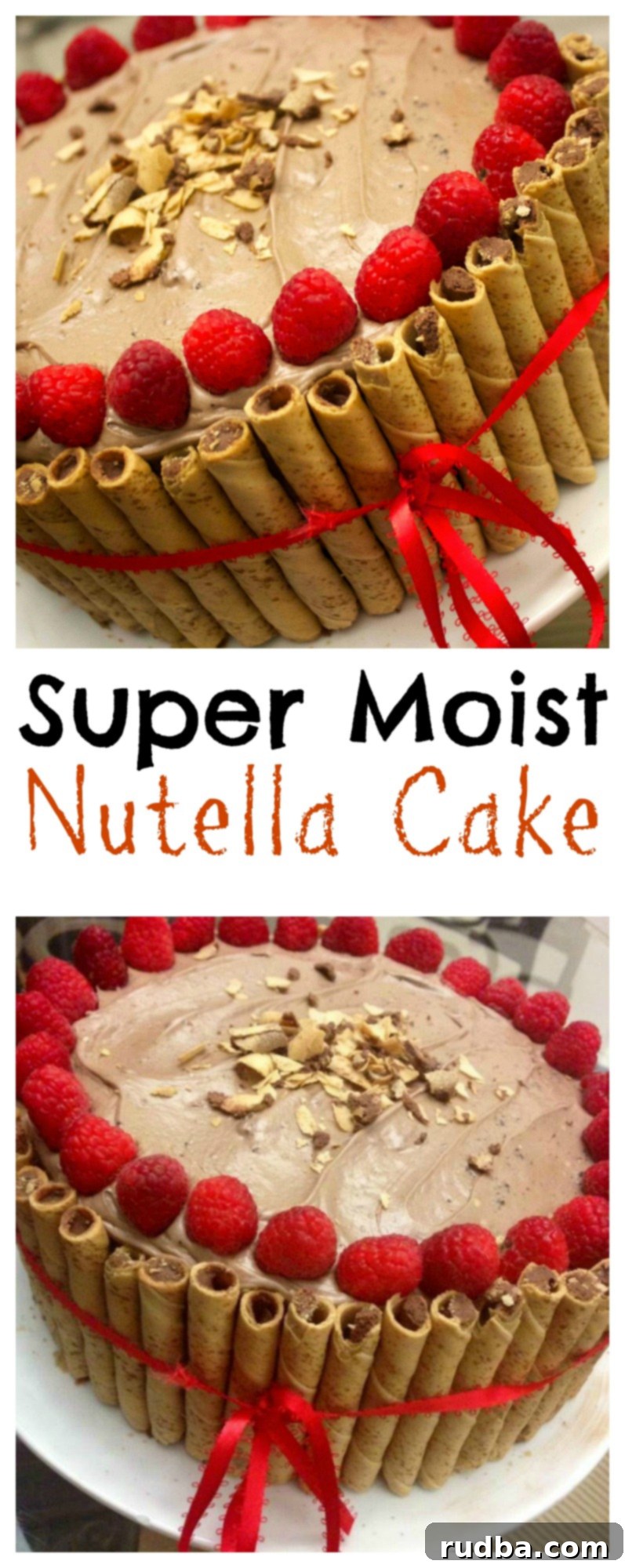A slice of Super Moist Nutella Cake with Chocolate Hazelnut Frosting and fresh Raspberries, ready to be enjoyed.