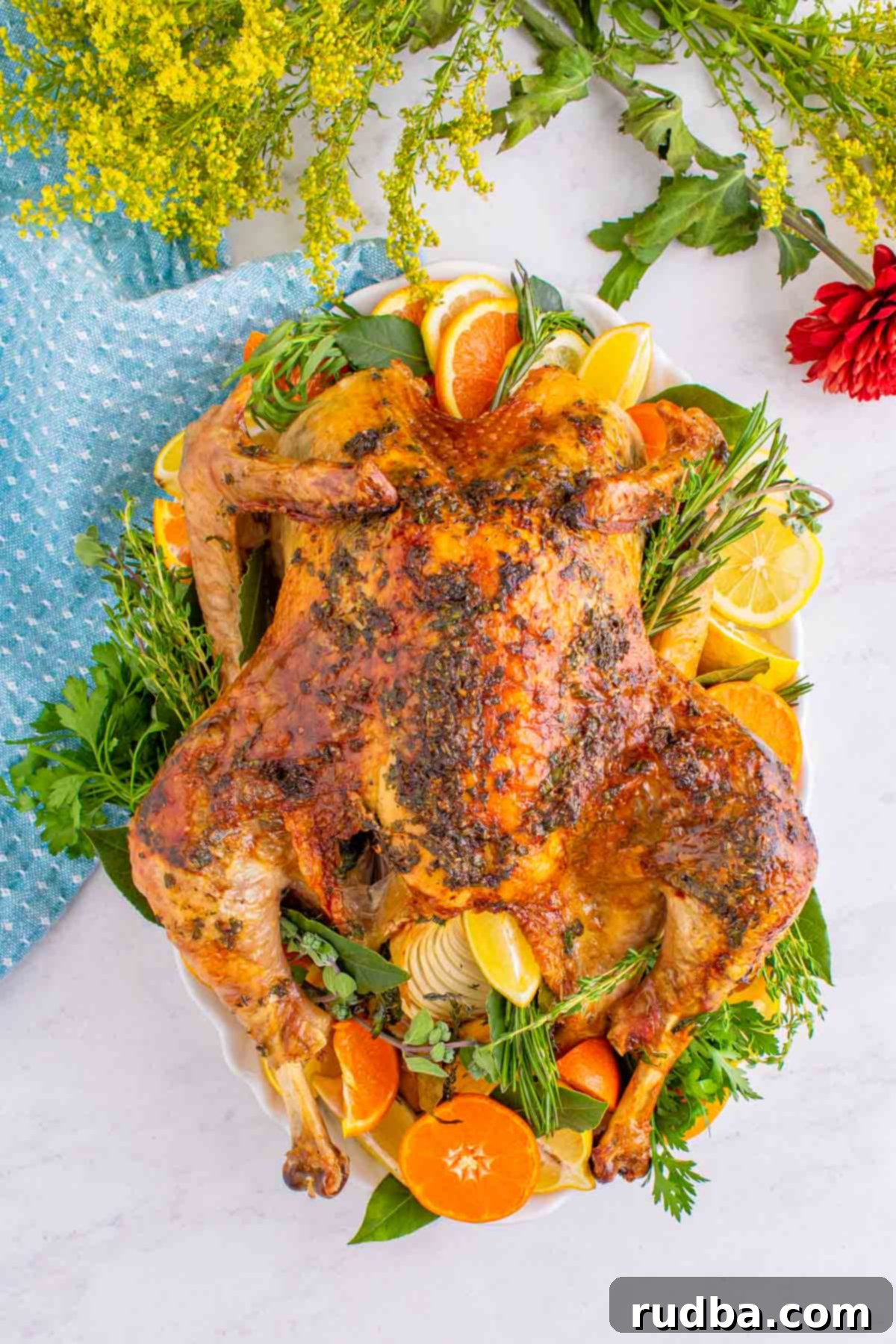 A cooked juicy roast turkey on a platter decorated with orange slices and fresh herbs, ready to be served for Thanksgiving.