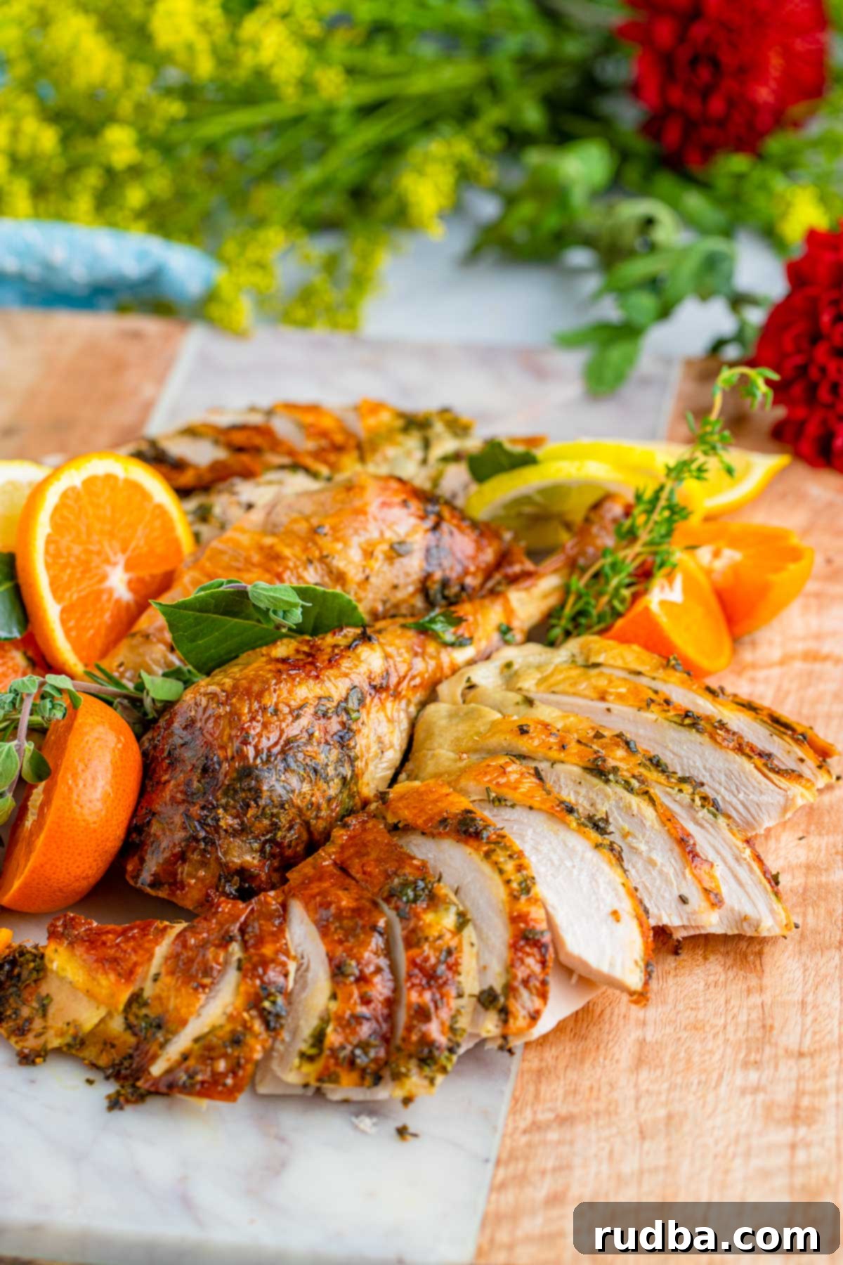 Cooked turkey slices arranged on a platter, garnished with fresh orange slices and sprigs of green herbs.