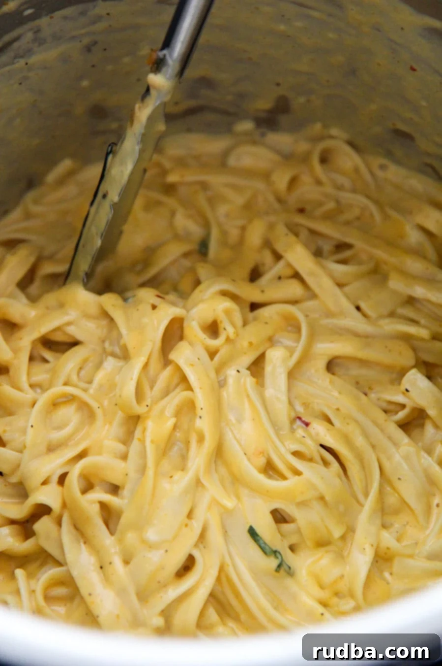 pumpkin fettuccine alfredo up close in the instant pot. 
