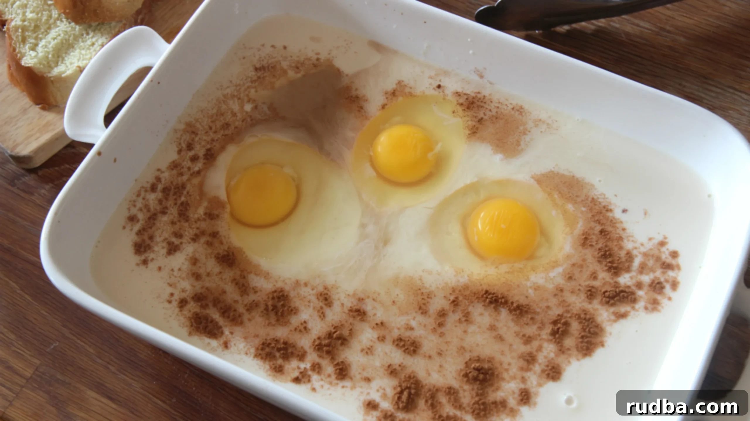Eggs, milk and cinnamon for the french toast.