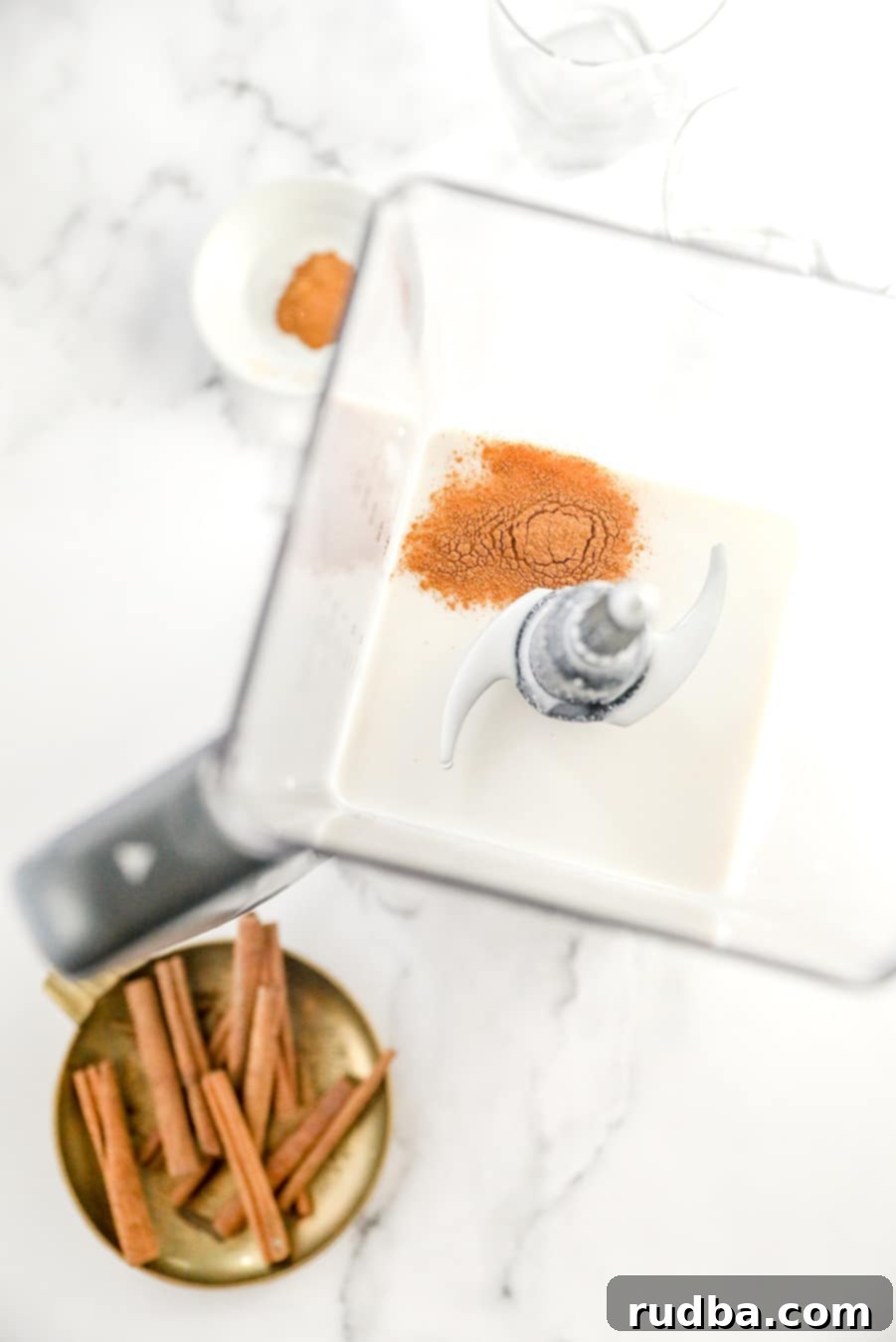 ingredients in a blender with cinnamon sticks on the side. 