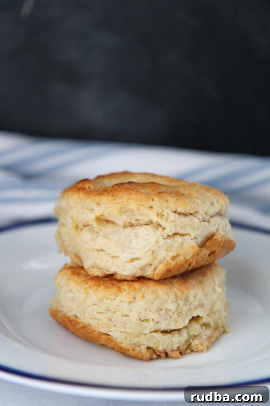 two buttermilk biscuits stacked on top of each other on a white and blue plate.