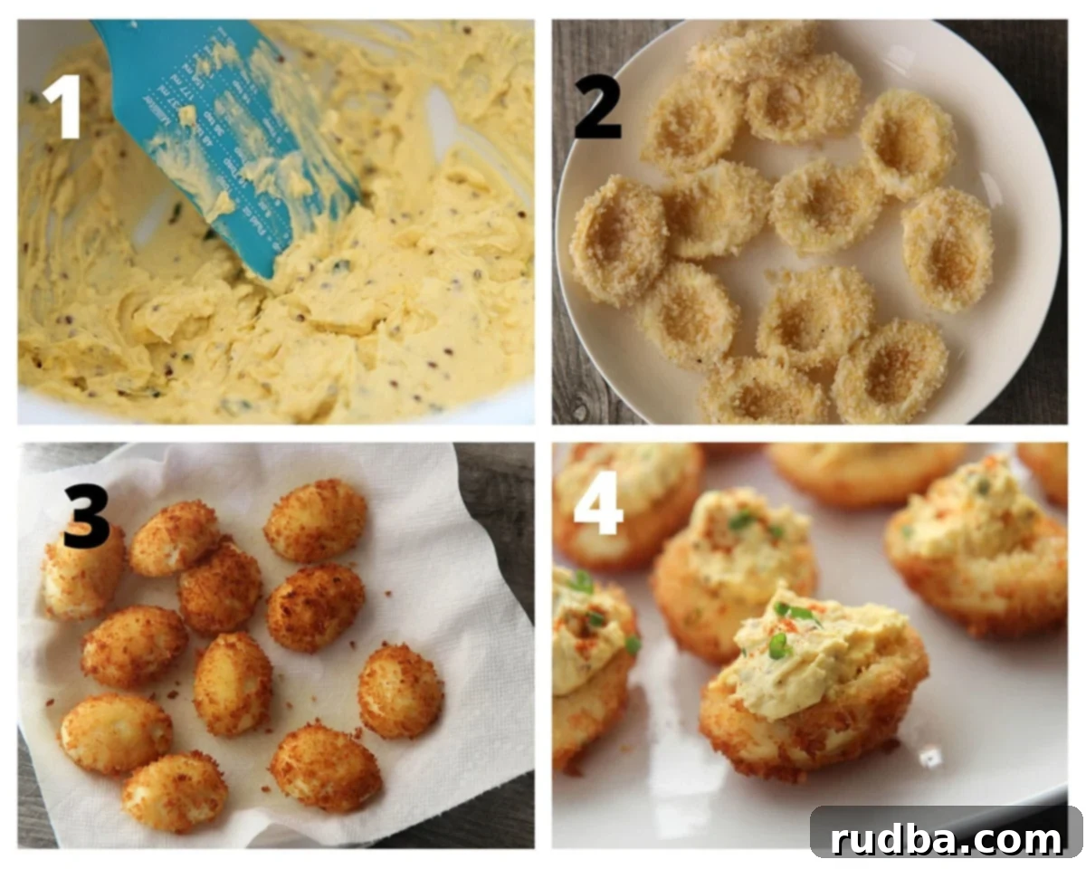 a collage with four photos. Deviled egg filling, fried egg whites, and fried deviled eggs filled with the yolk mixture.