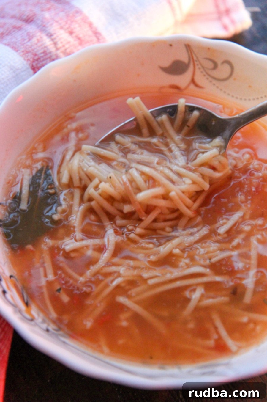 A close-up of a steaming bowl of homemade Mexican noodle soup, Sopa de Fideo, with a spoon ready for tasting, showcasing the perfectly cooked noodles and rich tomato broth.