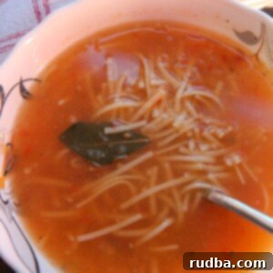 A bowl of Sopa de Fideo with a spoon, accompanied by a decorative red and white towel, inviting you to enjoy this comforting Mexican noodle soup.