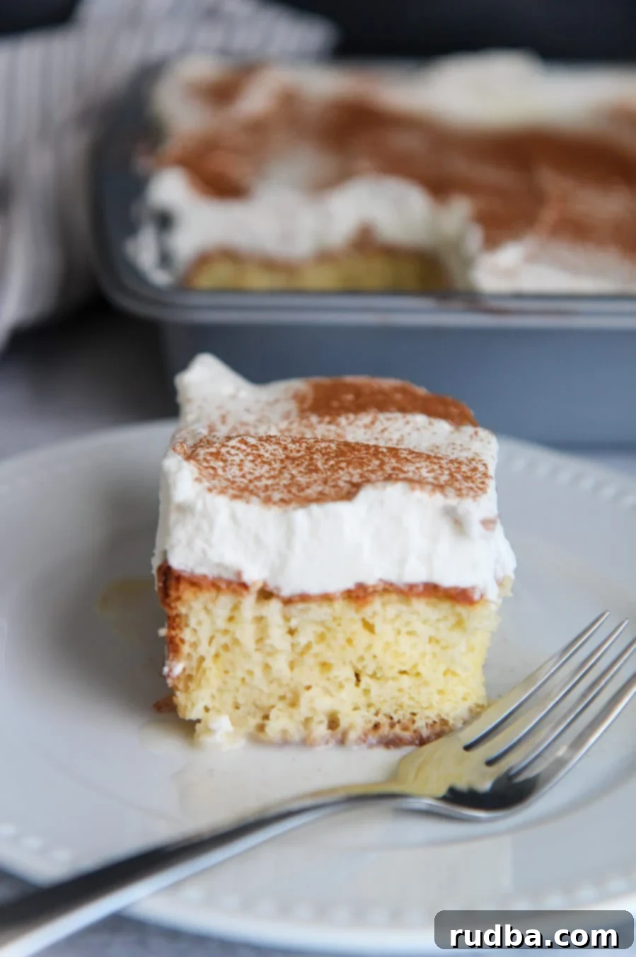 A beautifully presented slice of Coquito cake, showcasing its moist layers, topped with whipped cream and a light dusting of cinnamon, with a fork on the side ready to be enjoyed.