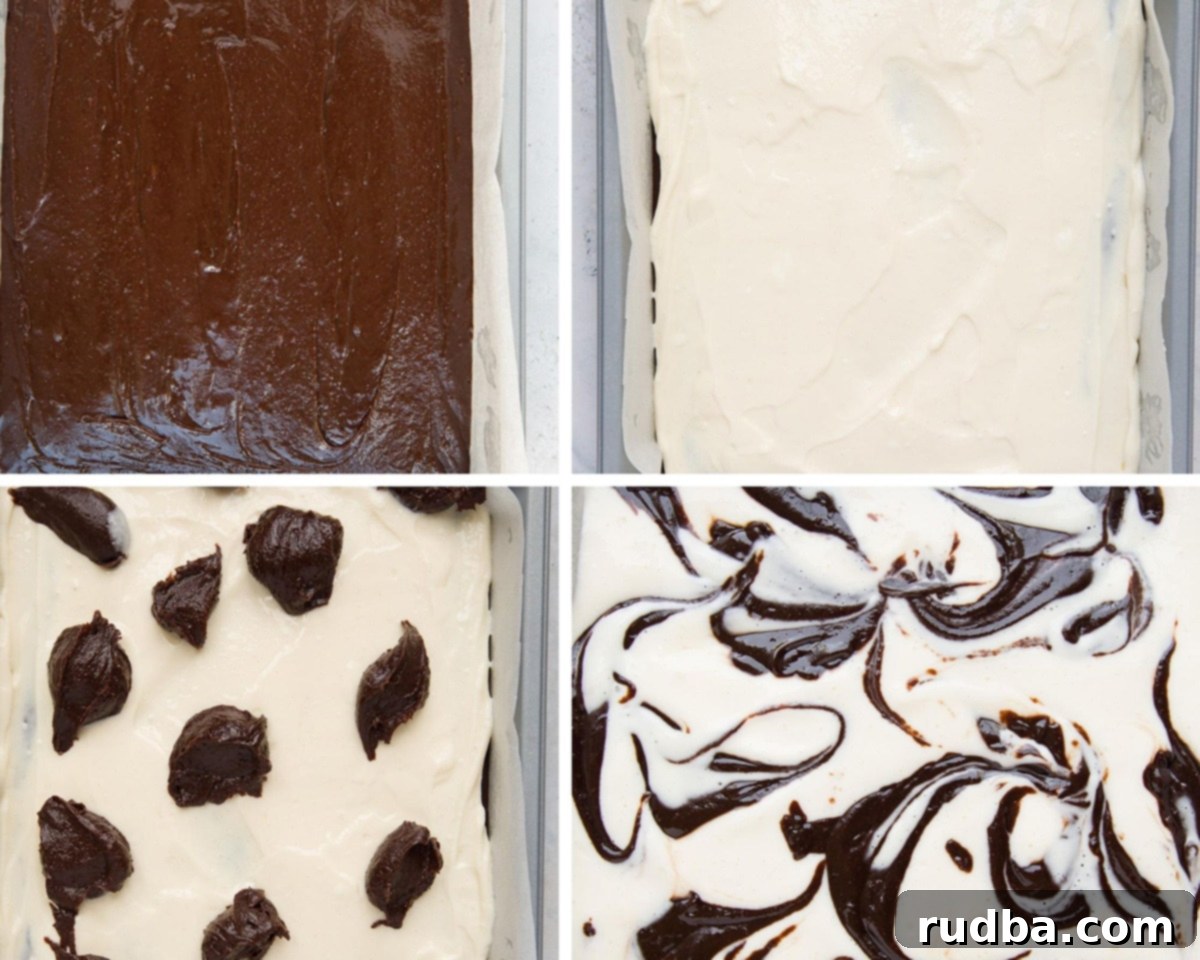 A photo collage with four photos showing the recipe steps: brownie batter, cheesecake filling, and two photos showing the brownie and cheesecake swirls.